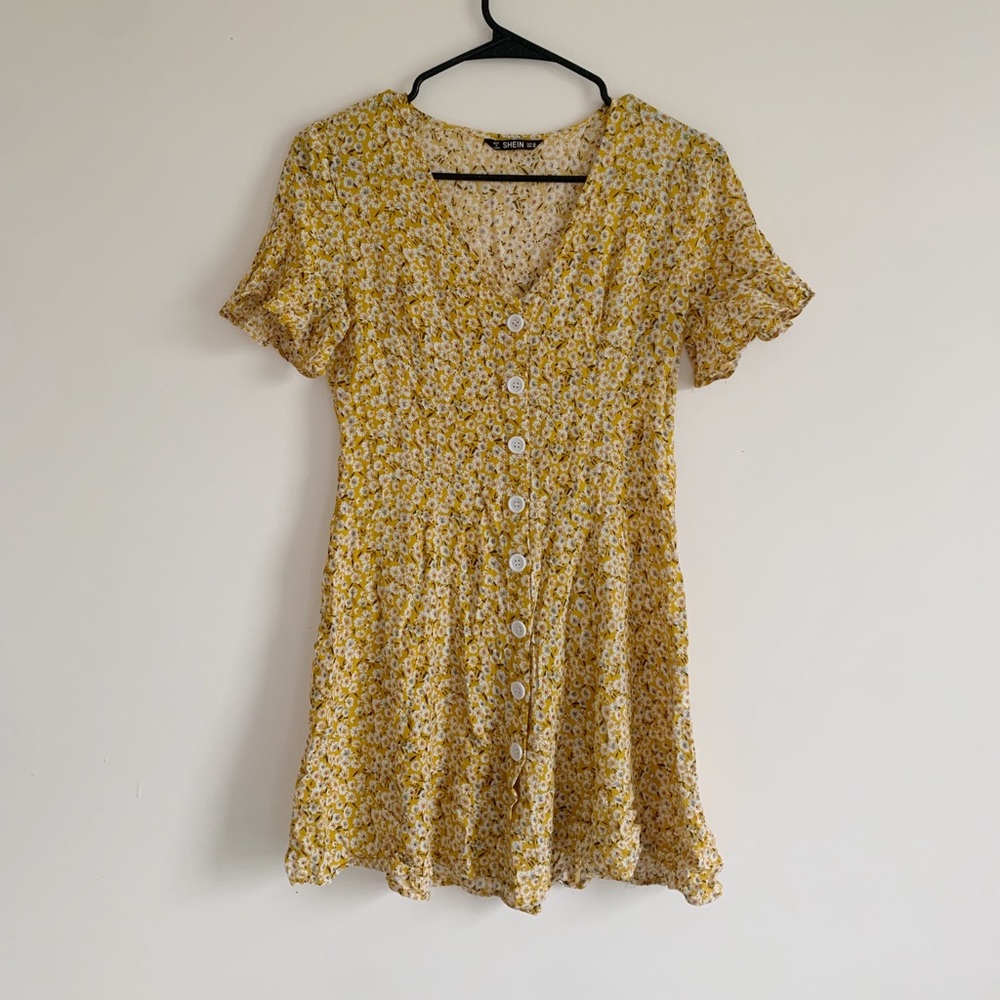 Floral mustard button down mini dress